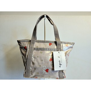 *☆時尚美學☆* 全新正品 日本 Agnes b. 星星 心型圖案 尼龍 防潑水 水餃包 手提包 棕色 可刷卡