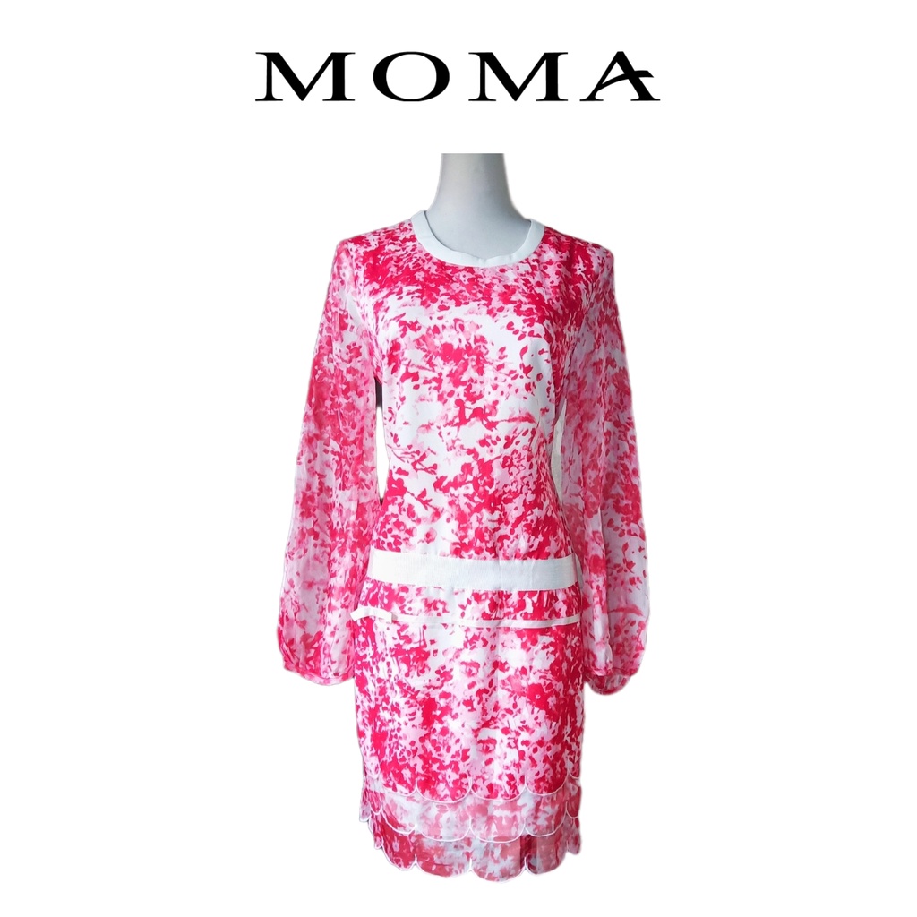 ※都會名牌※【MOMA】 渲染畫風珊瑚紅花  白色層次裙擺唯美長袖洋裝~DE-7