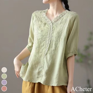 【ACheter】日系棉麻蕾絲刺繡V領氣質寬鬆上衣(4色)#112469