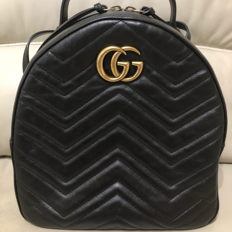 Gucci GG Marmont 全皮馬夢黑金後背包 9成新