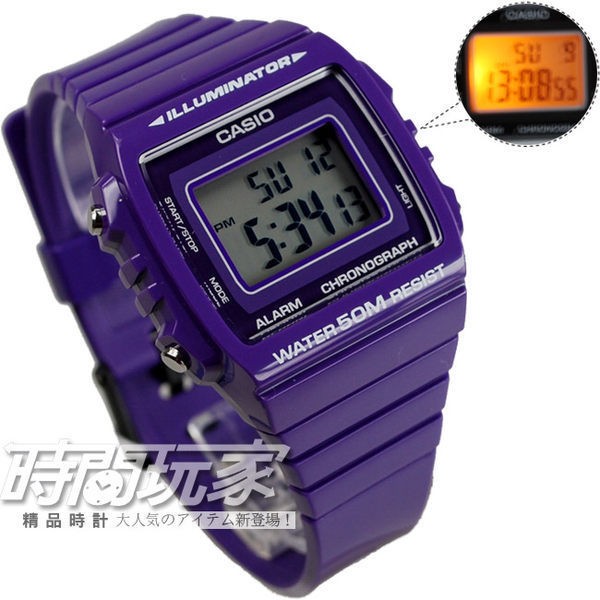 CASIO卡西歐 W-215H-6A 方形數字錶 電子錶 碼錶 鬧鈴 防水50M 紫色【時間玩家】