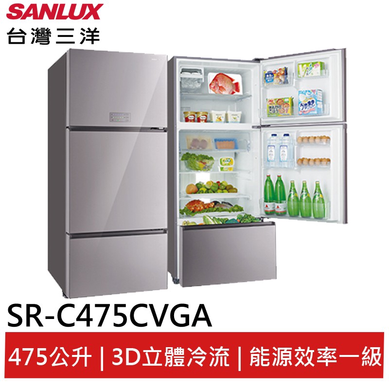 SANLUX 475L采晶玻璃三門變頻冰箱 SR-C475CVGA 大型配送