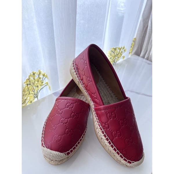 Gucci 36皮革草編鉛筆鞋