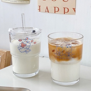 Ohaya丨ins卡通小狗玻璃杯 吸管水杯 玻璃杯 咖啡果汁牛奶杯 氣泡飲料冷飲 隨手杯