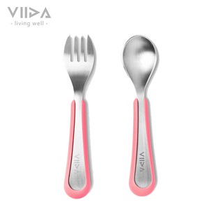VIIDA Soufflé 抗菌不鏽鋼兒童叉匙組(粉色/L)-米菲寶貝