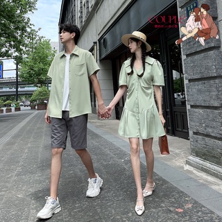 【COUPLE】💕💕情侶裝夏裝2022小眾赫本風V領襯衫學生連衣裙