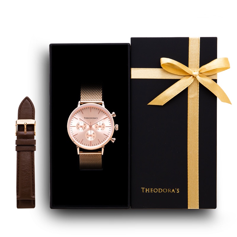 【THEODORA'S】限定禮盒Apollo手錶+替換錶帶2入組-三眼粉膚面-米蘭玫金【希奧朵拉】