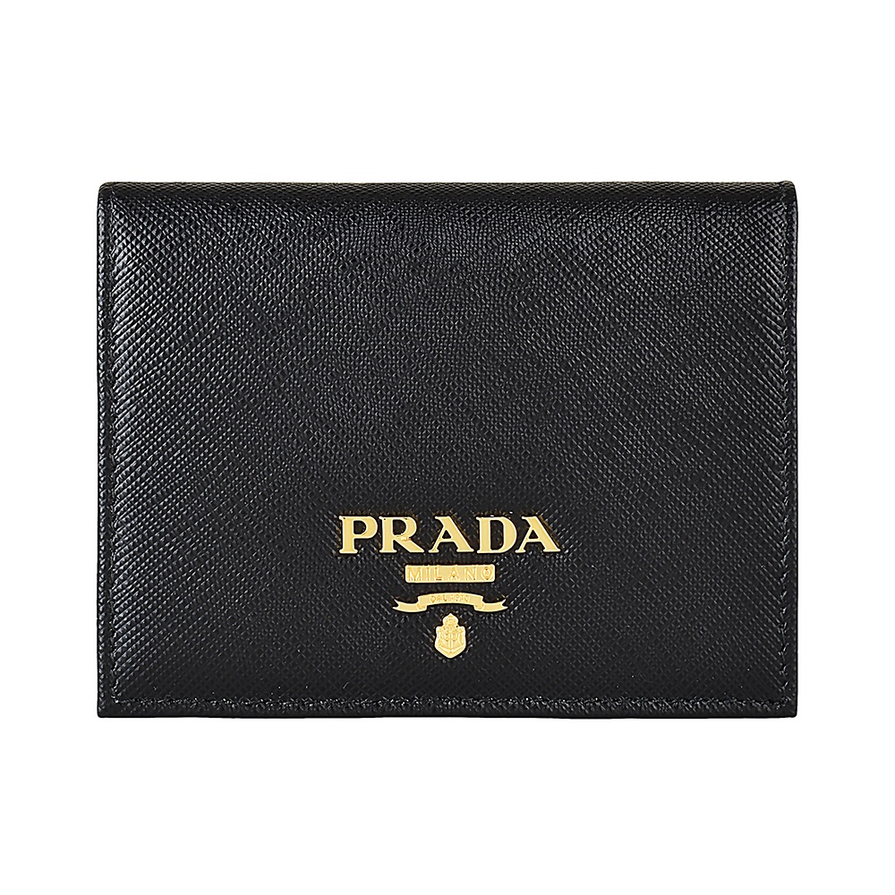 PRADA SAFFIANO METAL金字LOGO防刮牛皮4卡扣式對折短夾(黑)