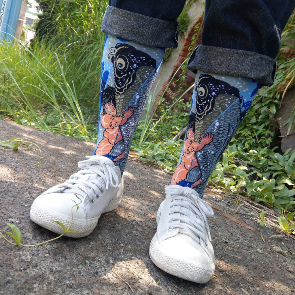 【台灣製造】金太郎 大鯉魚 刺青圖 浮世繪 版畫 日本襪子 襪子 綿襪 日本名畫 名畫襪 針織襪 藝術襪 長襪 中筒襪