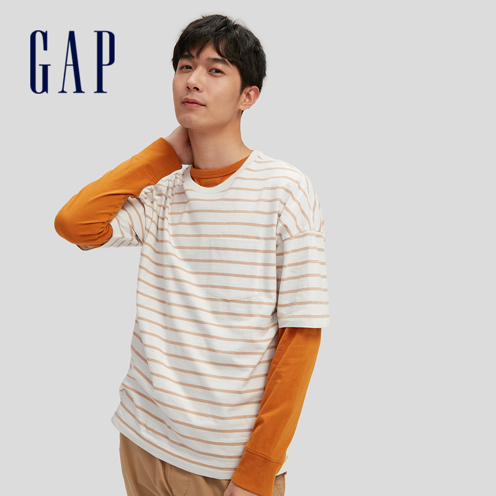Gap 男裝 純棉短袖T恤 厚磅密織親膚系列-駝色條紋(683962)