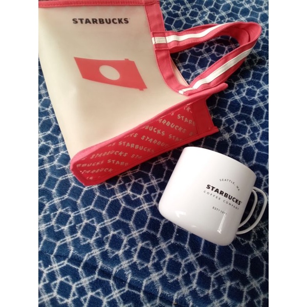 (NG商品）Starbucks 白琺瑯杯，紅半透明袋2件組