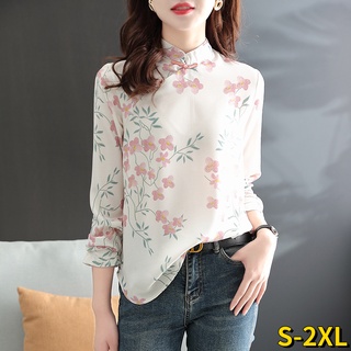 S-2XL 中國風上衣 改良旗袍上衣 復古襯衫女 氣質長袖襯衫 大尺碼上衣女 顯瘦襯衫 雪紡上衣 薄襯衫女 媽媽裝 夏季