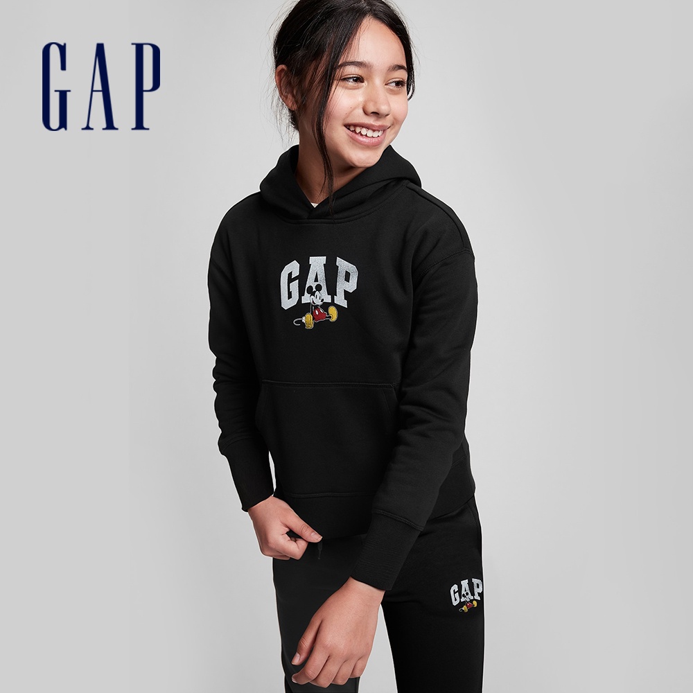 Gap 兒童裝 Gap x Disney迪士尼聯名 Logo刷毛帽T-純正黑色(778326)