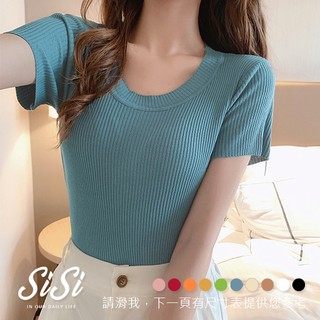 SISI【T20007】暖日甜美簡單圓領短袖短版針織T恤T-shirt上衣修身曲線顯胸韓國新款多色純色素面