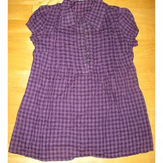 深紫色方格長版泡泡上衣 娃娃裝 短袖衣服 服裝 服飾 短袖