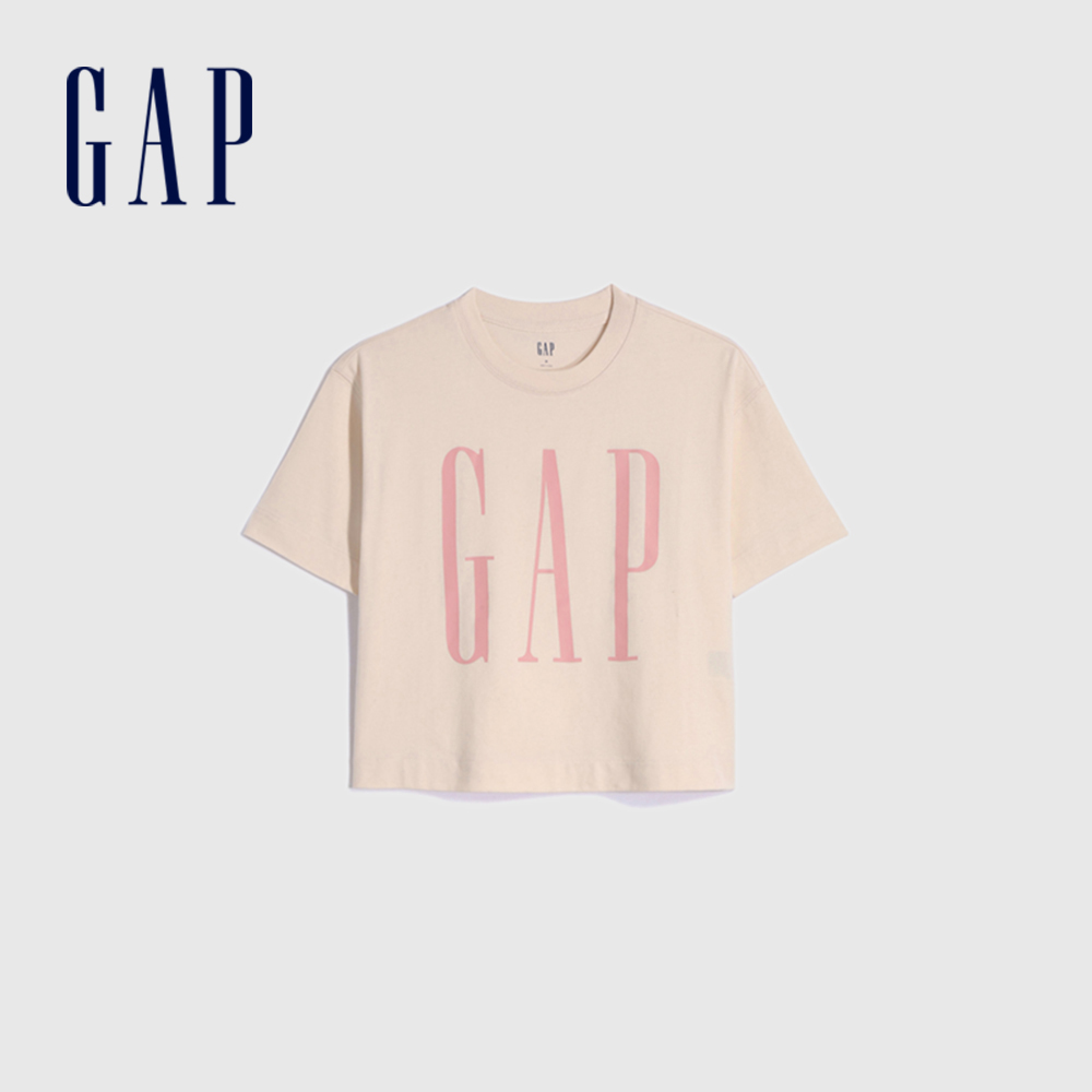 Gap 女童裝 Logo條紋短袖T恤 厚磅密織親膚系列-米色(684030)