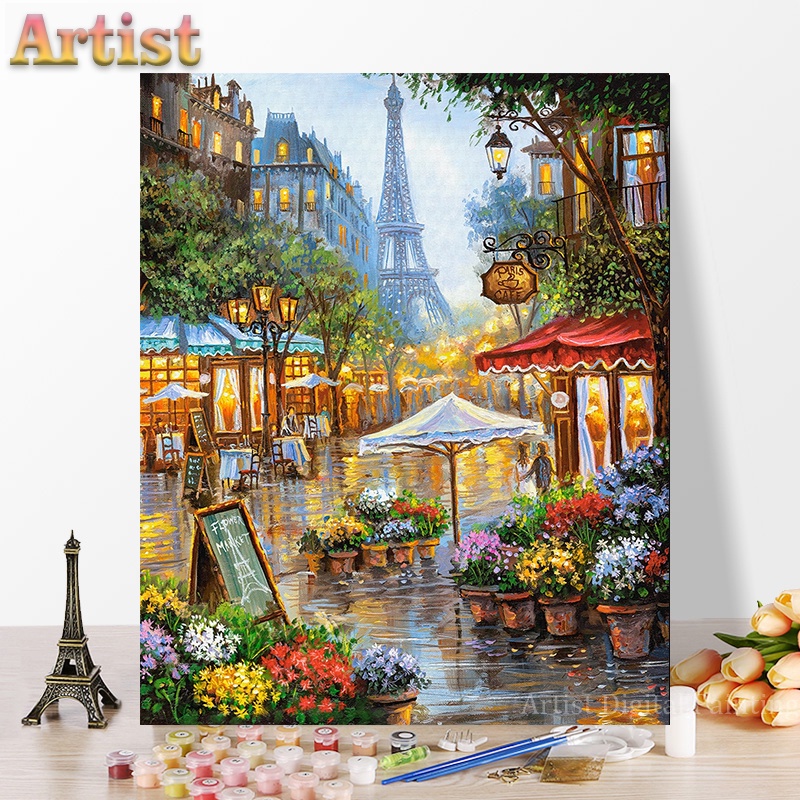 Artist DIY數字油畫 巴黎鐵塔（40X50CM帶框）按數字畫 油畫 手工畫 裝飾畫 數字繪畫