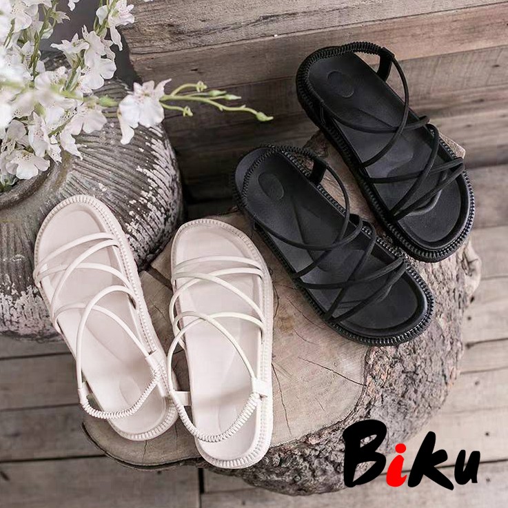 韓版休閒防水交叉綁帶厚底鬆糕羅馬涼鞋 沙灘涼鞋-BIKU/B酷