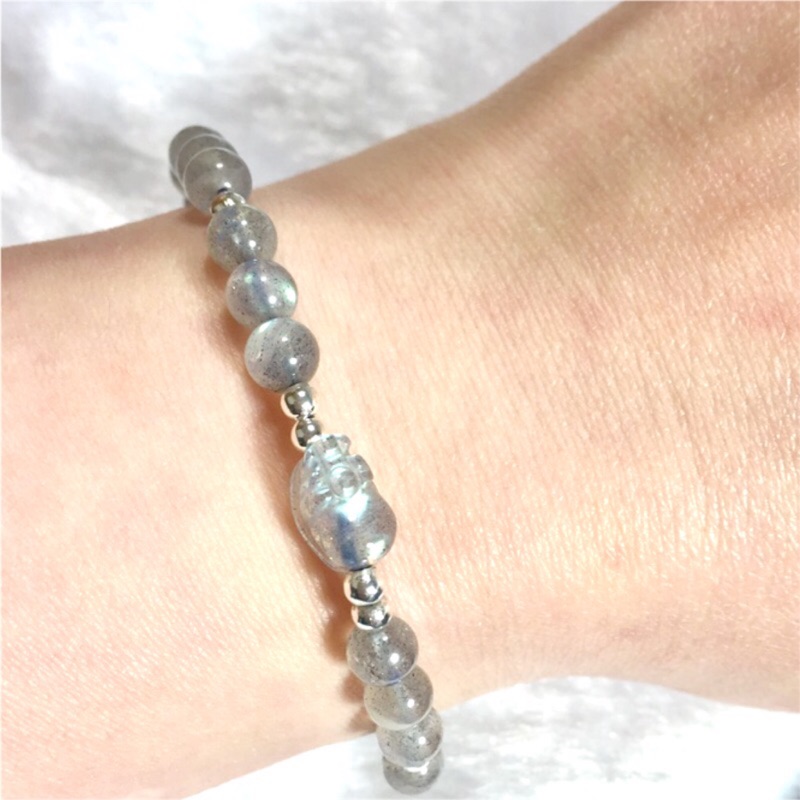 拉長石 貔貅 925鍍純銀珠 手串 手作自創款 灰月光 閃光石 光譜石