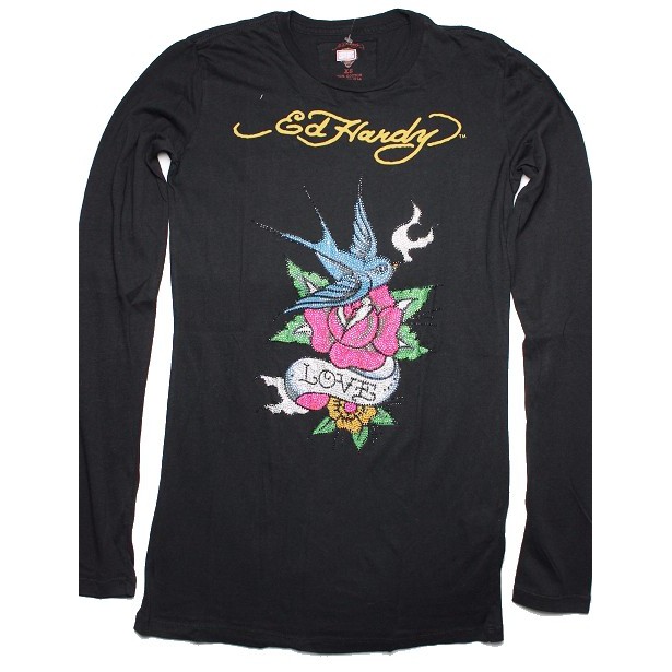 Ed Hardy 女長袖 T 恤 彩鑽 LOVE BIRD 玫瑰燕子鳥刺青 微風潮牌 黑色 XS S M【以靡專櫃正品】