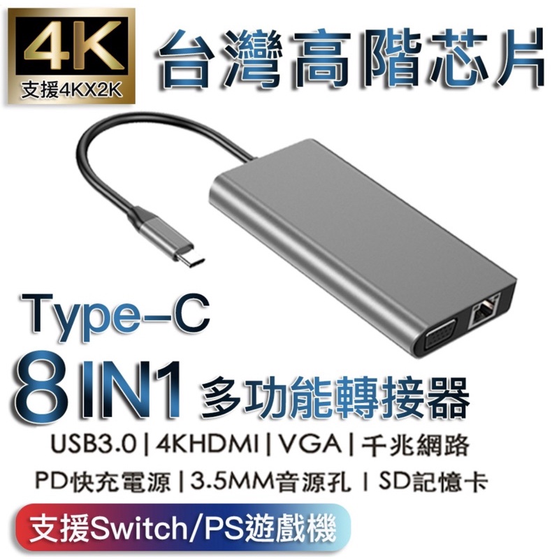 Type-c八合一HDMI/VGA/PD/SD/3.5MM/USB3.0/網路多功能轉接器