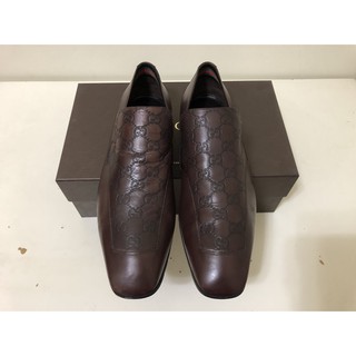 GUCCI 真皮 深咖啡 經典logo壓紋 皮鞋懶人鞋 男款 歐碼44