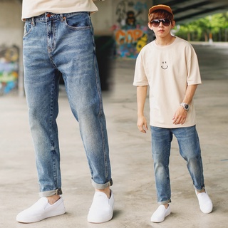 臺灣出貨 男裝【NB1314J】韓國製中藍色褲管圖騰反摺素面大直筒牛仔褲