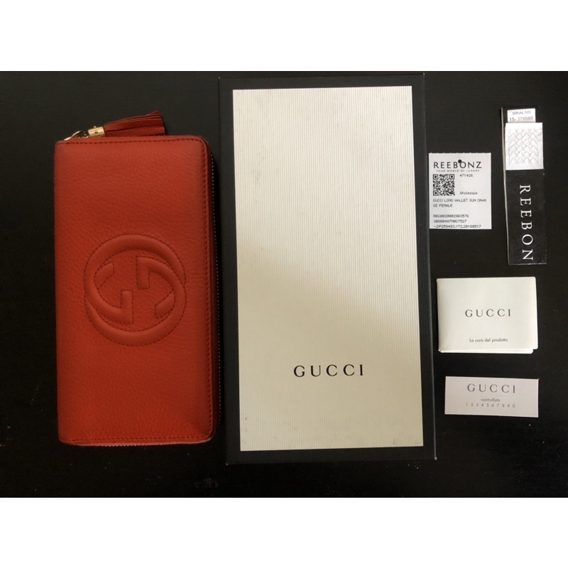 二手正貨 真品Gucci 正品 SOHO 紅色 流蘇 浮雕 牛皮 荔枝紋 拉鍊 長夾 皮夾 發財包 名牌皮夾