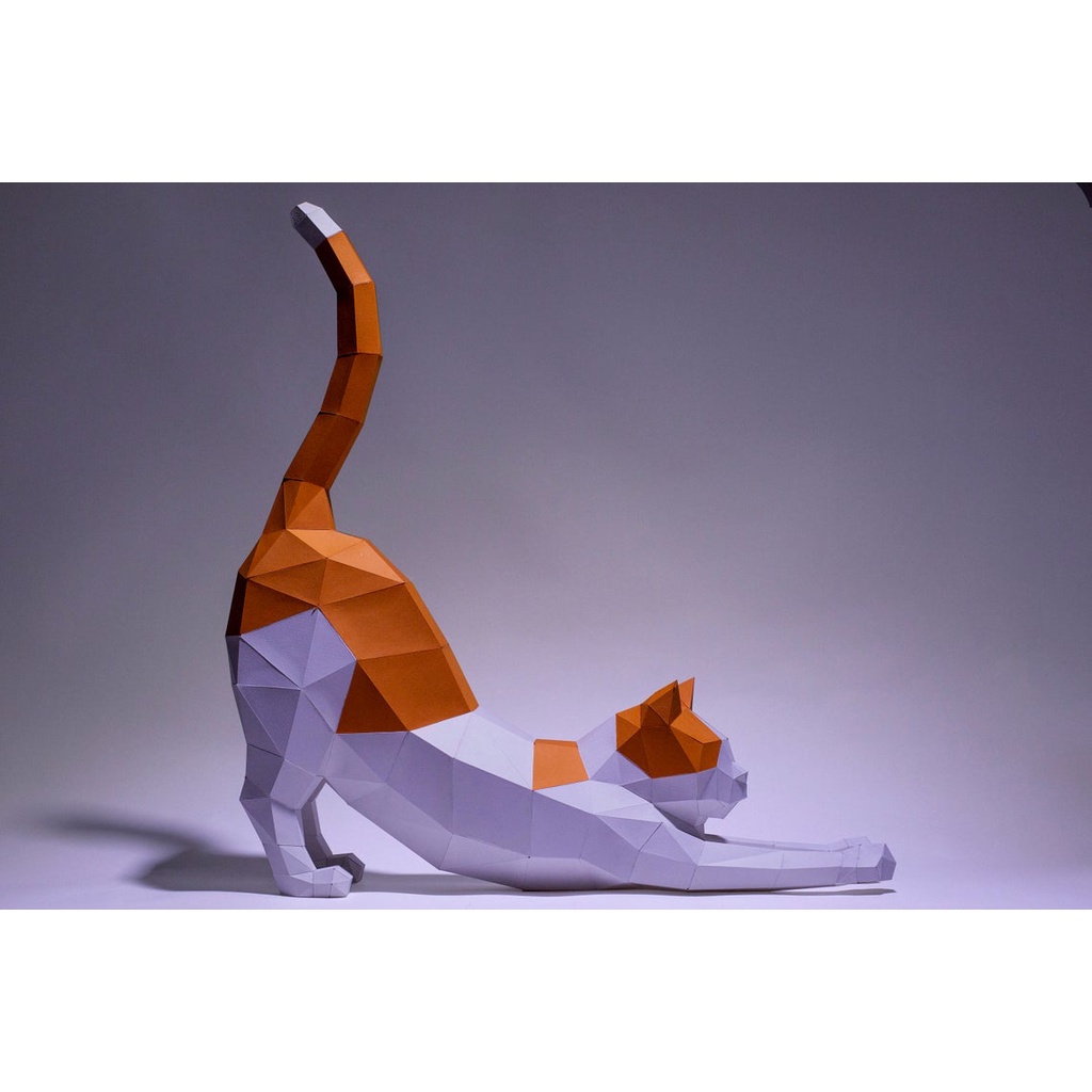伸懶腰的貓 立體紙模型 手工 DIY 3D 摺紙 折紙 紙製品 動物 裝飾 擺飾 貓 小貓 貓咪