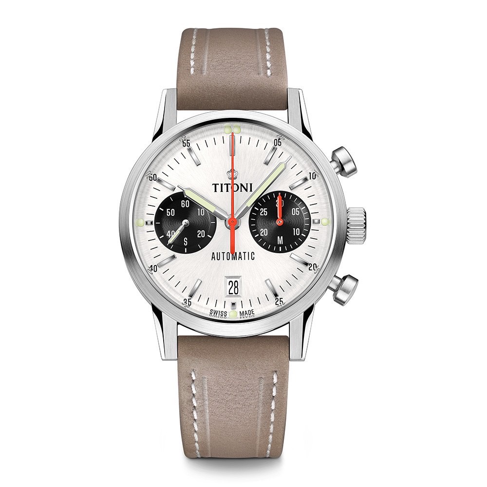 【TITONI梅花】94020S-ST-680 HERITAGE傳承系列 Felca傳奇錶款 白熊貓雙盤計時碼錶 皮帶錶