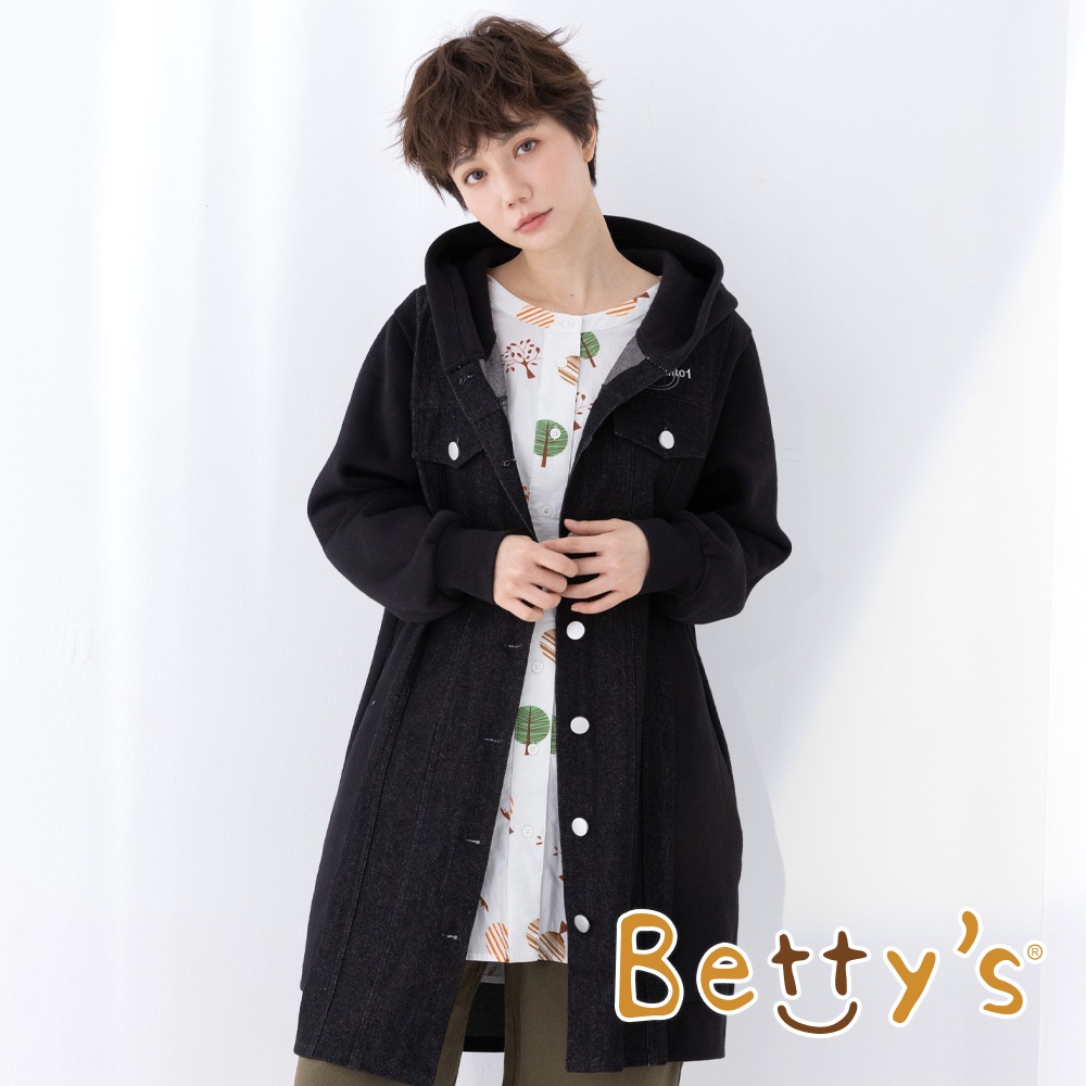 betty’s貝蒂思(15)牛仔布拼接長版連帽外套(黑色)