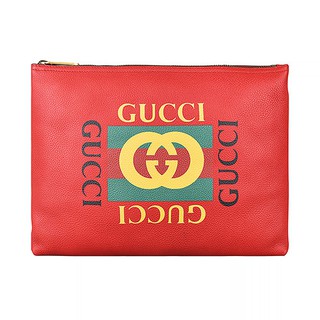 GUCCI經典綠紅綠印花LOGO荔枝紋牛皮手拿化妝包(紅)