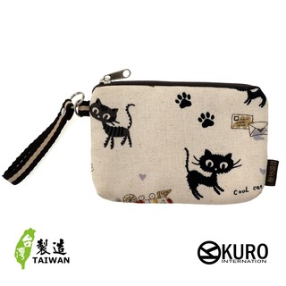 KURO-SHOP台灣製造 米色貓咪圖案 帆布 零錢包 鑰匙包 名片包