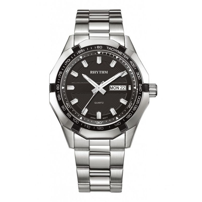 Rhythm Watch 麗聲黑色計速圈十二角形設計感石英鋼帶腕錶型號 G1407s02 神梭鐘錶 蝦皮購物
