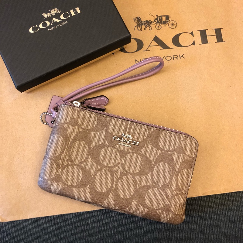 COACH 經典皮革滿版雙層手拿包 卡其粉紫 錢包 手拿包 現貨 美國代購