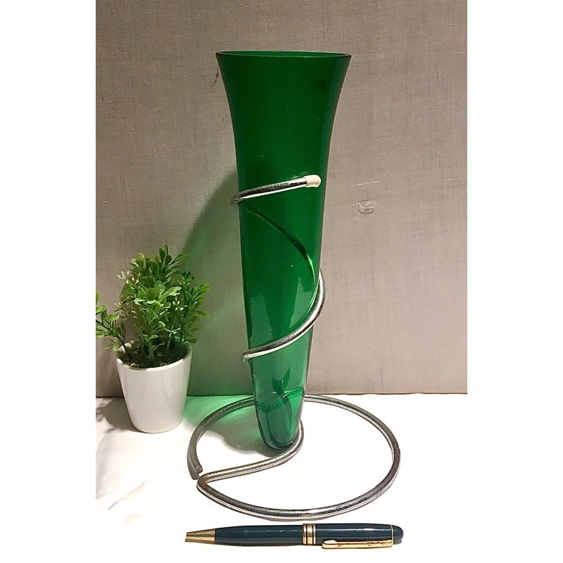 早期 綠色 玻璃 金屬螺旋底座 乾燥花瓶 玻璃瓶 瓶