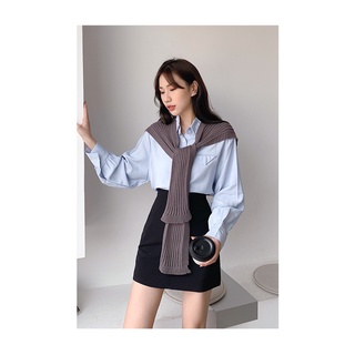 Trendy✨7471 2020秋季韓版寬鬆設計感小眾襯衫女裝純色長袖上衣