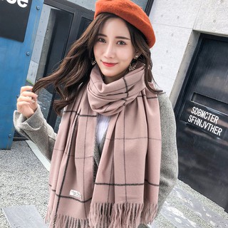 現貨-秋冬新款格子仿羊絨圍巾女日系少女甜美圍巾簡約保暖披肩圍脖