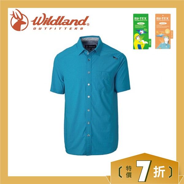 【Wildland 男 四彈性格子布抗UV短袖襯衫《湖水藍》】OA31208/運動上衣/休閒衣/吸濕排汗快乾//悠遊山水