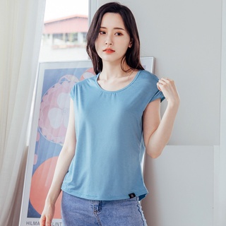 【NEONER涼感衣】彈性顯瘦修身超細涼感絲包袖圓領T恤 -莫蘭迪藍