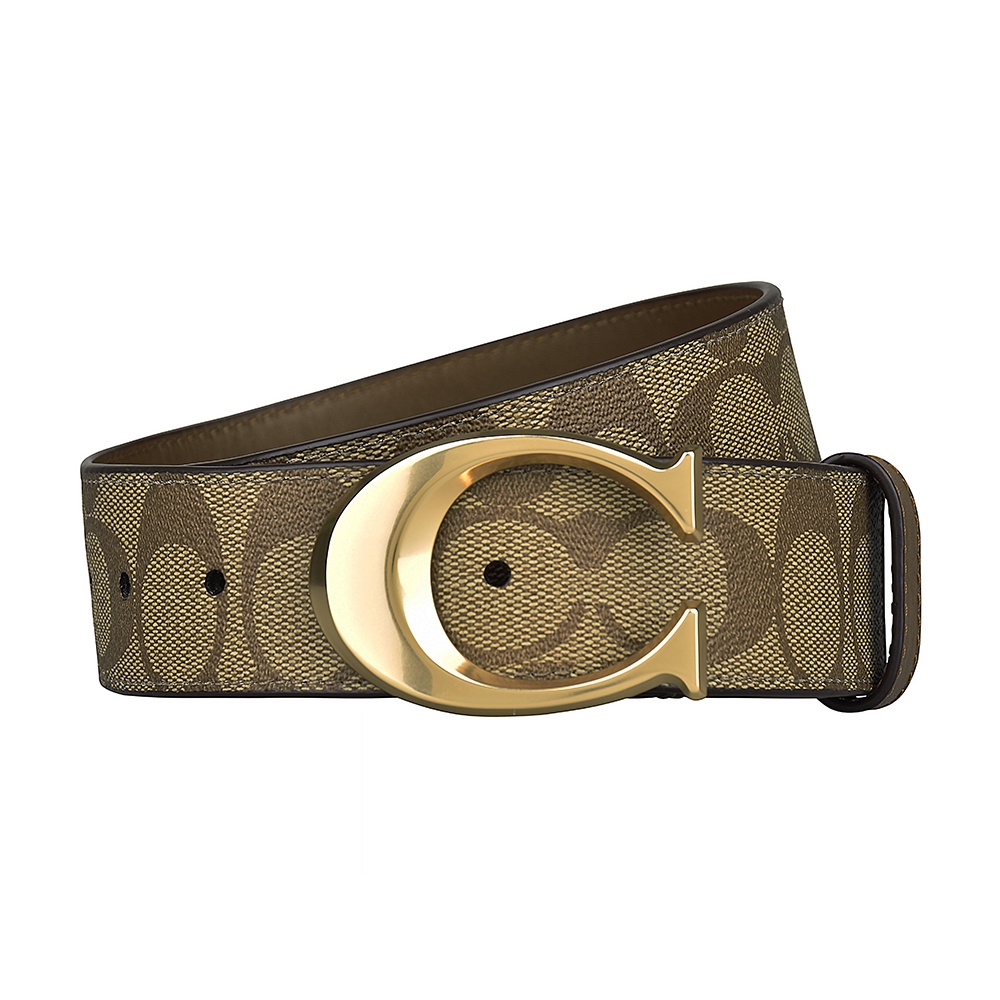 COACH金屬C字LOGO印花設計PVC針扣式皮帶(寬版/卡其x棕)