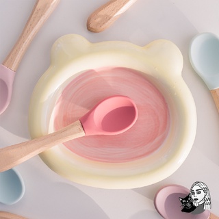 櫸木+矽膠 專用小湯匙 糖果色木柄勺 木柄勺 櫸木硅膠勺 矽膠勺 矽膠湯匙 餵食湯匙 小勺子 #4