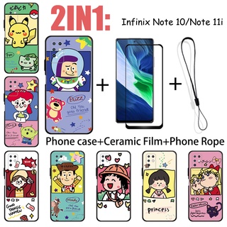2 合 1 Infinix Note 10 Note 11i 手機殼帶鋼化玻璃陶瓷膜螢幕保護膜可愛人物系列