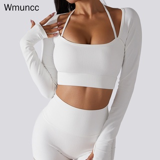 Wmuncc 新款運動九分上衣女士帶胸墊速乾健身服性感修身長袖瑜伽 T 卹
