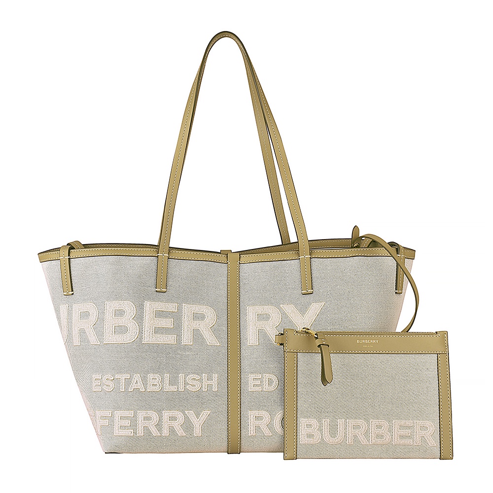 BURBERRY Horseferry 印花LOGO帆布釦式手提肩背托特包(淡褐白)