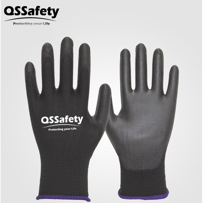 【愛瞎購】QSSafety無塵PU沾膠耐磨電子工地手套 園藝汽車透氣防護黑色手套