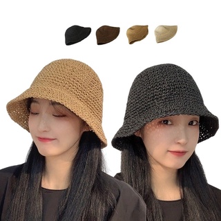 現貨-可折疊手工編織水桶漁夫帽帽子女韓版夏季草帽沙灘帽小清新遮陽帽