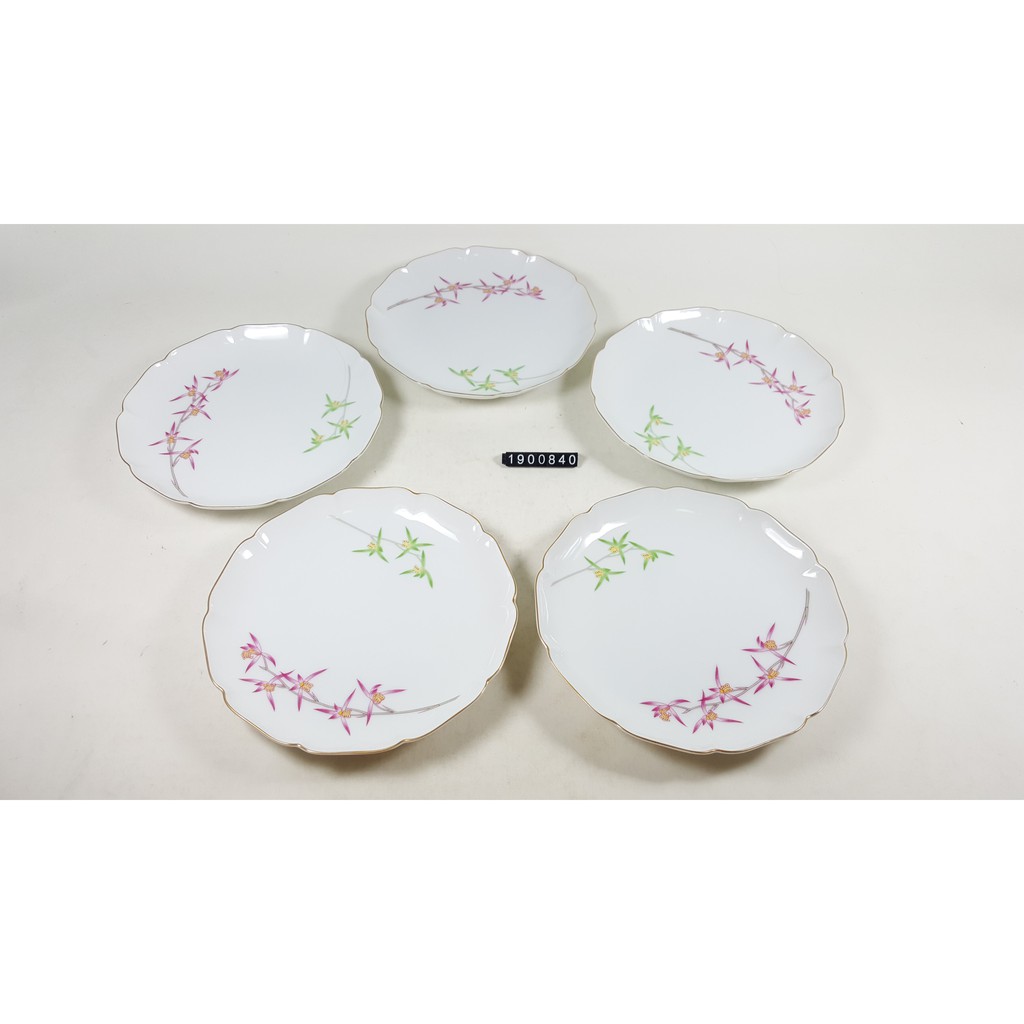 日本 深川製瓷 瓷盤 花形邊 金緣 桃色 綠色蘭花 5入紙盒裝 - 1900840