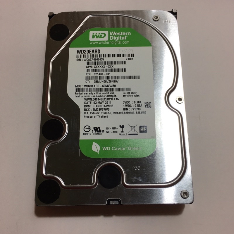 二手WD綠標2TB桌機硬碟3.5吋，檢測無壞軌WD20EARS，7200轉