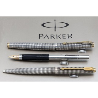 【早期】美國製1990s PARKER派克75型純銀格原子筆+鋼筆14K/F尖 (對筆)